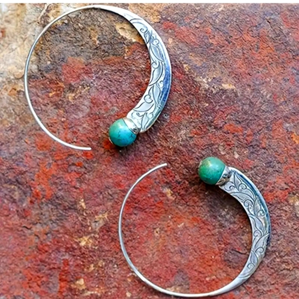 BOHEMIAN Blue Tribal Simulated Turquoise  Spiral Swirl  Hoop Earrings EP